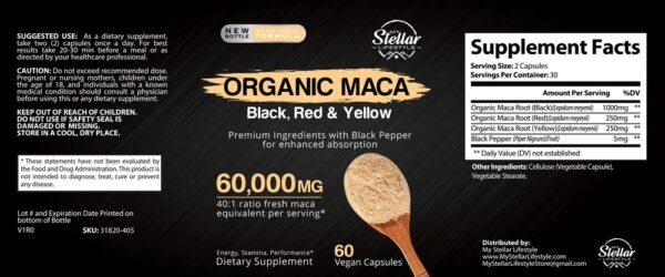 Organic Maca Black, Red and Yellow - 60 Capsules